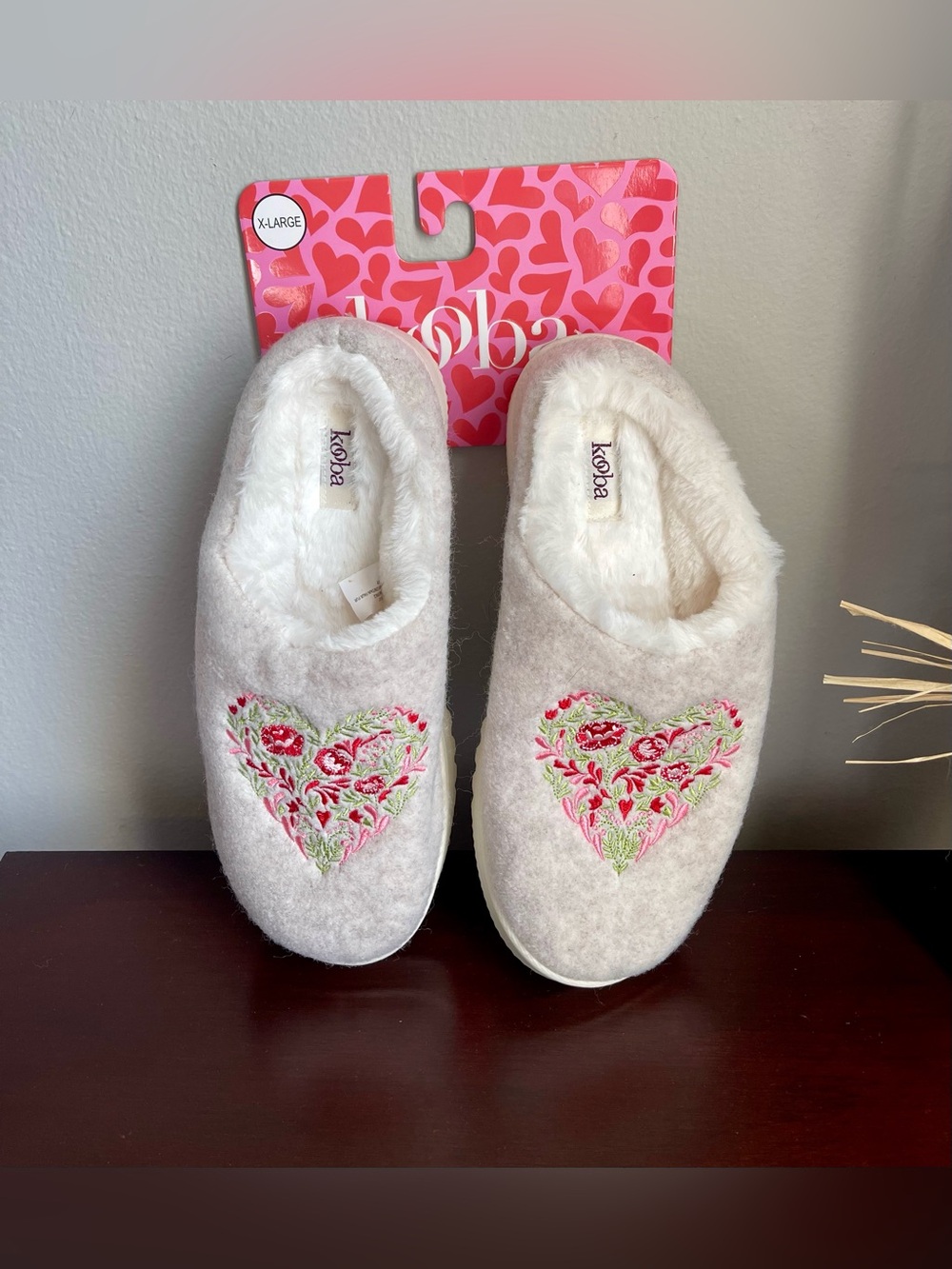 Embroidered Heart Fuzzy Slip-On Slippers - NWT
